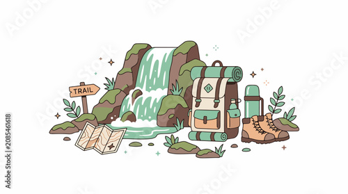 Camping gear and waterfall illustration for outdoor adventure.