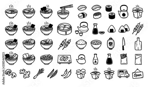 Fotografía Japanese Food and Ramen Bowl Doodle Vector Icon Set Featuring Sushi, Onigiri, Di