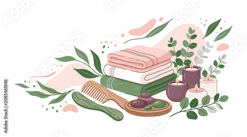 Tableau sur toile Flat lay of spa essentials with green leaves and pastel colors.