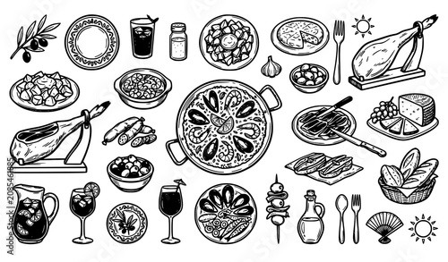 Canvas-taulu Spanish Tapas and Traditional Cuisine Hand Drawn Doodle Vector Icon Set with Pae