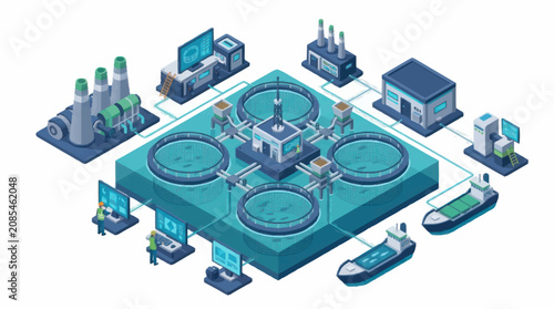 Isometric Industrial Technology and Smart City Concept.