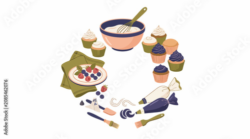 Colorful baking utensils and cupcakes illustration.
