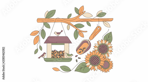 Colorful birdhouse and gardening tools illustration.