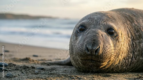 elephant seal resting on san simeon beach at soft morning light close up video