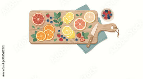 Fotografie Fresh citrus and berries on wooden cutting board.