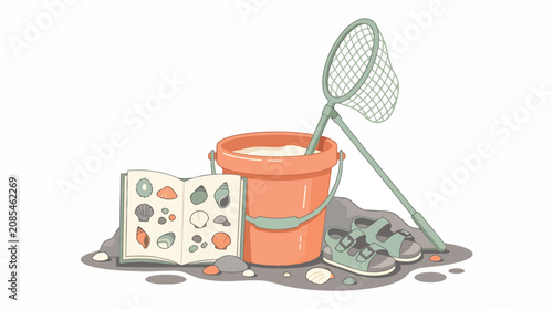 Colorful fishing net and bucket with seafood illustration.