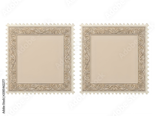 Two vintage postage stamps with decorative floral frames and blank center for custom text