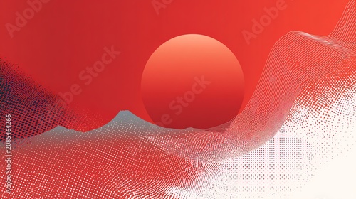 Vibrant Red Abstract Landscape with Sun and Mountain Peaks
