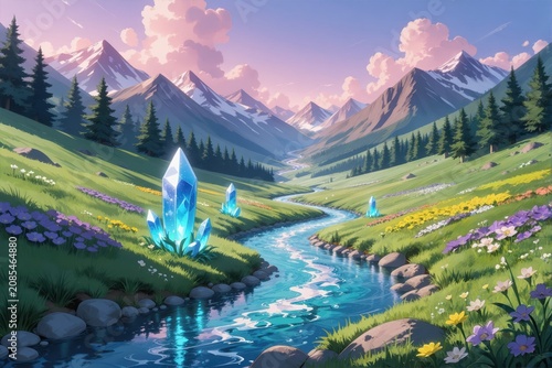 Fantasy Mountain Valley with Glowing Crystals and Winding River at Sunrise, Anime Landscape, Generative AI