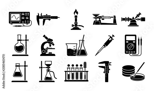 Tableau sur toile Scientific laboratory equipment icons set, black silhouette lab tools and resear
