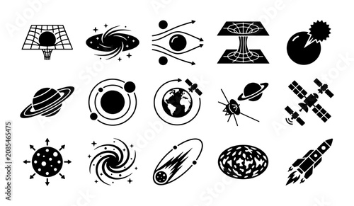 Принти на полотні Space exploration and astronomy icons set, 15 black vector symbols of planets, g