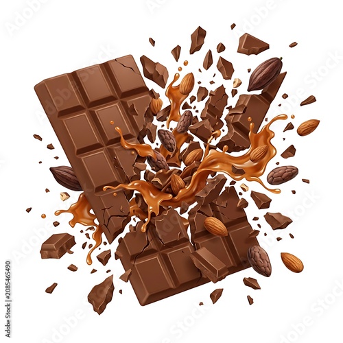 Exploding Chocolate Bar with Caramel Splash and Cocoa Beans.