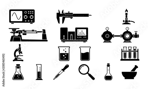 Vászonkép Scientific laboratory equipment icons set, black chemistry and physics research