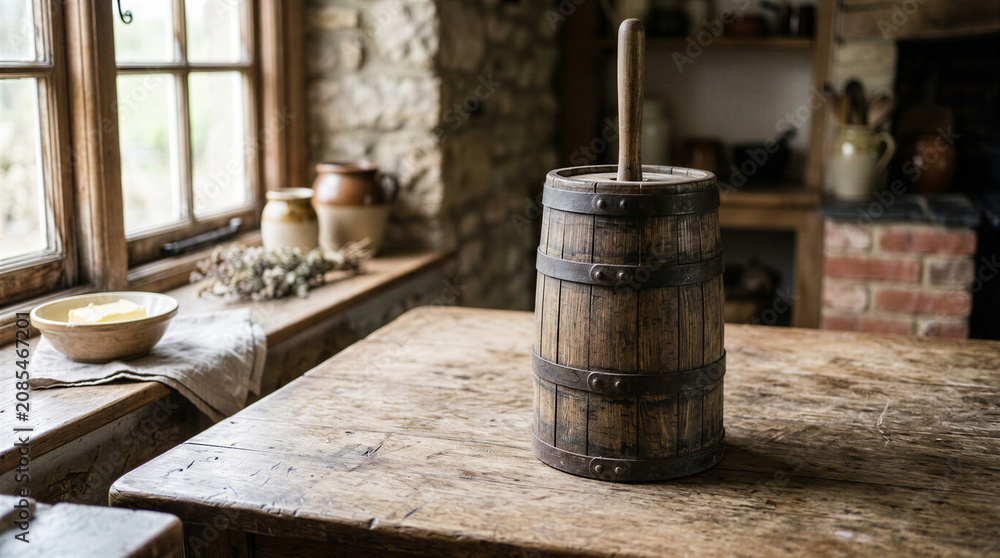 Fototapeta premium Traditional wooden butter churn on rustic kitchen table indoors 