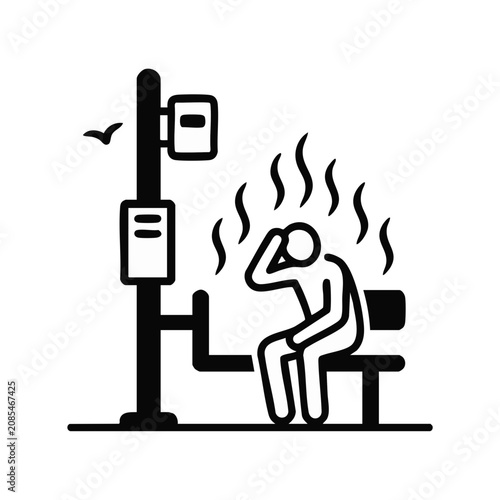Person suffering from heat at bus stop. Summer heatwave and hot weather concept. Black and white vector icon