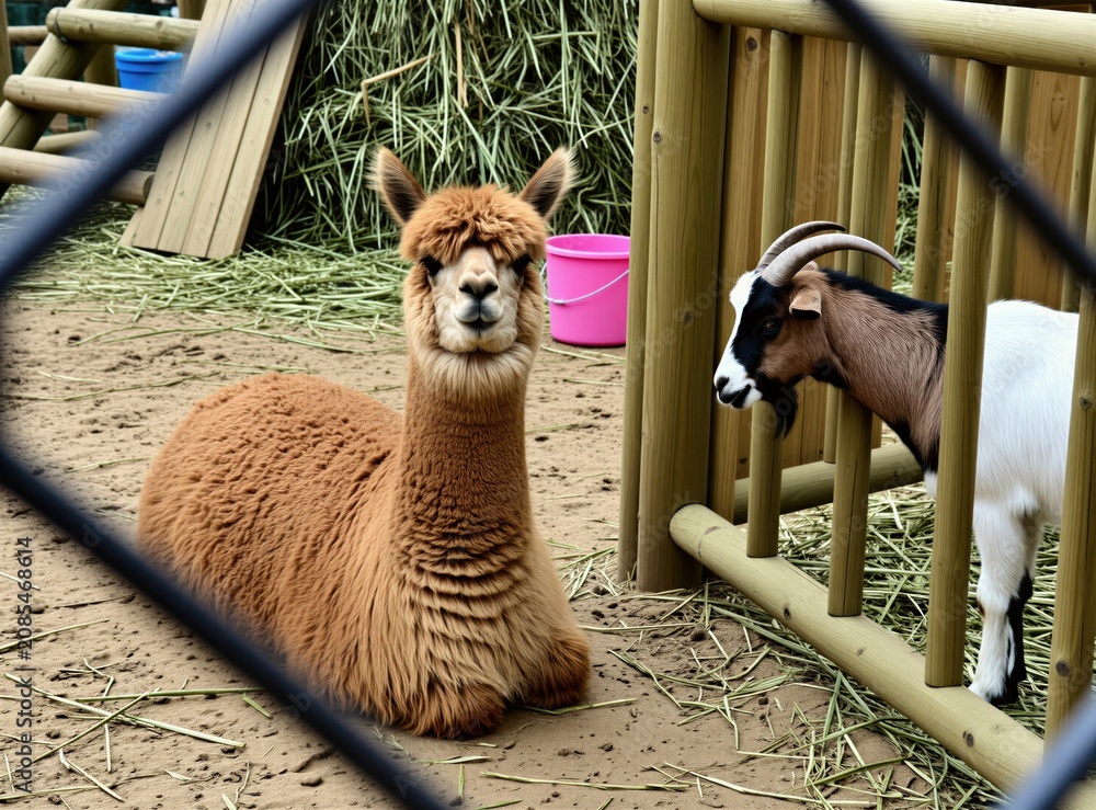 Fototapeta premium Fluffy brown alpaca rests on sandy ground next to a white and brown goat in a wooden pen. Hay is scattered around the enclosure. Gentle animals in a petting zoo setting.