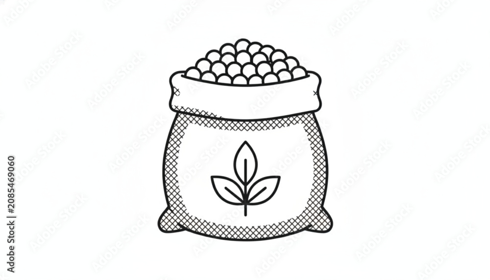 Naklejka premium Simple line art drawing of a full sack containing grains or seeds with a decorative leaf symbol on the front indicating organic produce items.