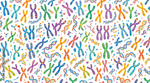 Fotografie Colorful Chromosomes and DNA Helix Pattern Background - Science and Genetics Ill