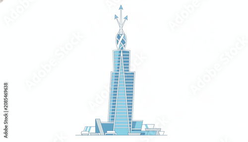 Futuristic high-rise skyscraper with a unique spire design and glass windows surrounded by a modern low-rise urban development base.