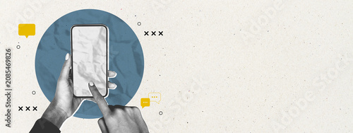 Hands holding smartphone in minimalist collage style with messaging icons on ...