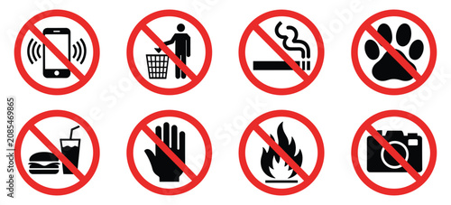 Obraz na plátne Prohibited vector icon for no cell phone, no smoking, no fire, no pets, no litte