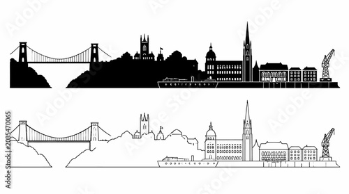 Bristol Cityscape Skyline Silhouette with Clifton Suspension Bridge