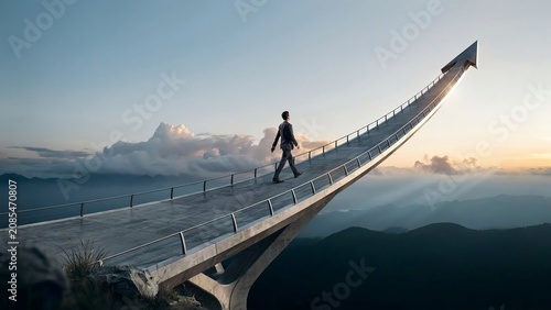 A businessman walking up a rising bridge shaped like a growth arrow towards a bright future sky