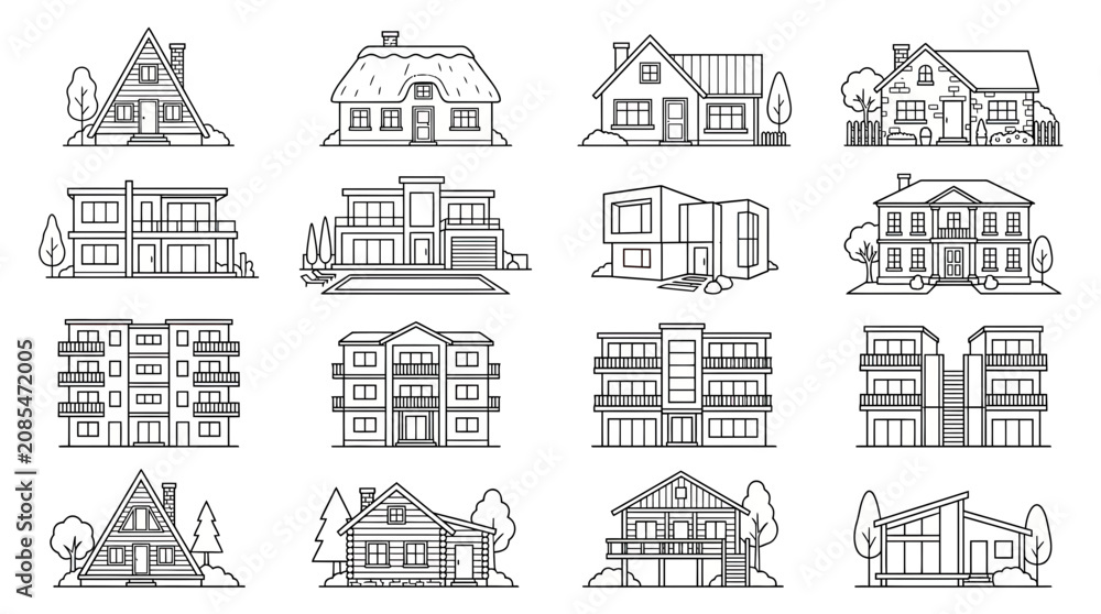 Fototapeta premium Collection of Diverse House Styles: Modern, Traditional, and Apartment Buildings