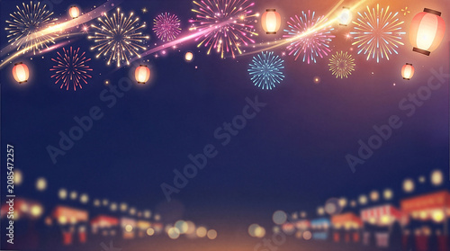 夜空の花火と提灯が彩る夏祭り：幻想的なイベント用背景　Summer Festival: Fireworks and Paper Lanterns in the Night Sky, Fantastic Event Background