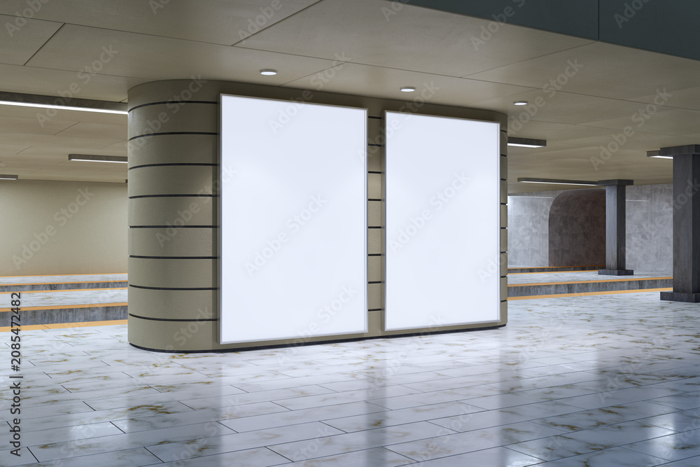Obraz premium Two blank vertical advertising posters in modern empty interior subway hall with clean contemporary design for presentation and promotion.. 3D Rendering