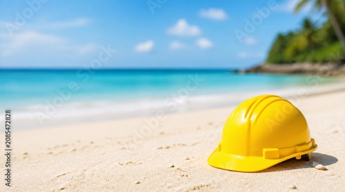 Yellow construction hard hat on sandy beach with ocean water and bright sky