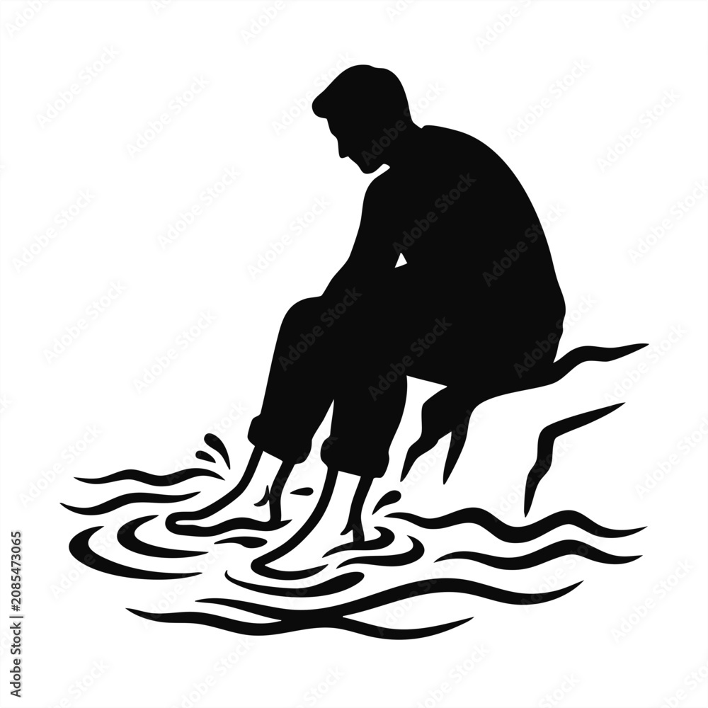 Fototapeta premium Man cooling his ankles in icy water. Minimalist black silhouette vector illustration. Summer heat relief and foot soaking concept