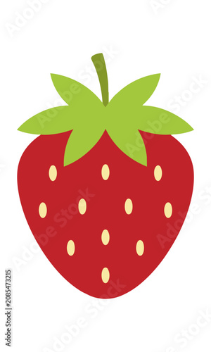 Stylized strawberry fruit icon with a bright green leafy stem in a bold minimalist flat color block design on a solid white background isolated food concept