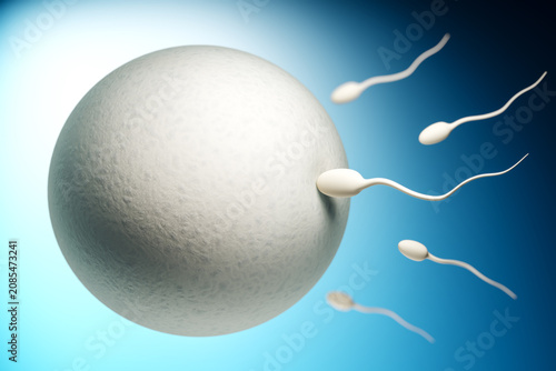 Bild auf Leinwand Macro view of sperm cells swimming toward human egg on blue light background depicting fertilization concept and reproductive biology focus