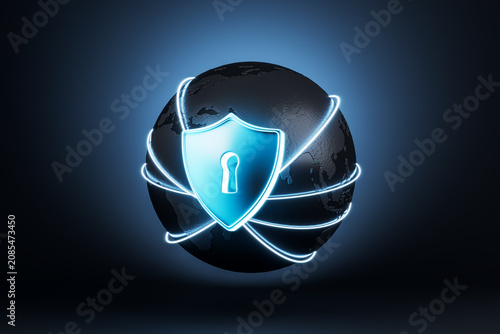 Global sphere with illuminated shield lock symbol and bright digital lines en...