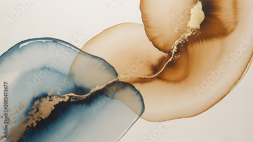 Abstract watercolor painting with flowing blue and golden brown ink on a white background fluid golden-brown gold splatter