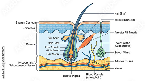 фотографія Human Skin Anatomy Diagram: Epidermis, Dermis, Hypodermis, Hair Follicle, Glands