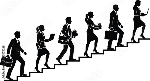 Professional business people climbing career stairs with laptops, briefcases, documents, and office essentials, representing career growth, success, ambition, leadership, and corporate advancement