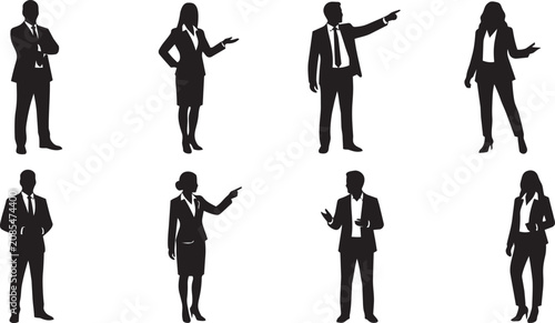Professional business people presenting and gesturing in different standing poses, corporate office employee silhouette collection isolated on white background vector illustration