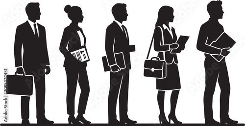 Professional business people standing in queue with documents, briefcases and tablets, corporate office employee silhouette set isolated on white background vector illustration