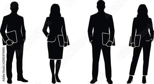 Professional business people standing with tablets and documents, representing corporate leadership, workplace confidence, executive professionalism, office identity, and modern business success