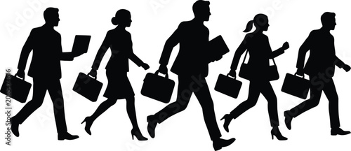 Professional business people walking with briefcases, laptops, and office bags, representing corporate commuting, workplace productivity, business travel, and modern professional lifestyle