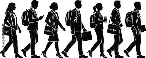 Professional business people walking with backpacks, briefcases, smartphones, and coffee cups, representing modern corporate commuting, workplace mobility, productivity, and urban office lifestyle
