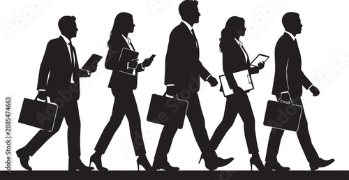 Professional business people walking with briefcases, tablets and documents, corporate office employee silhouette collection isolated on white background vector illustration