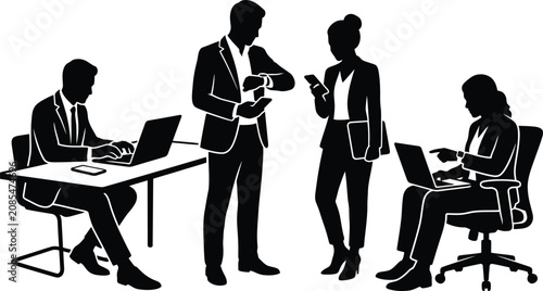 Professional business team collaborating with laptops, smartphones, and digital devices in a modern office, representing workplace productivity, communication, teamwork, and corporate efficiency