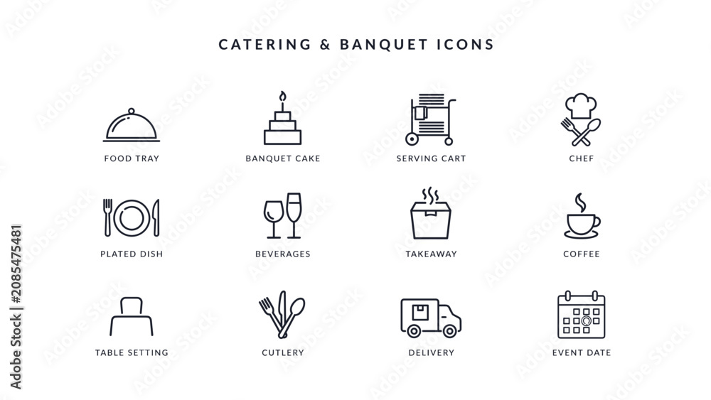Fototapeta premium Catering service vector icon sheet – Perfect for event planners, banquet menus, or hospitality businesses.