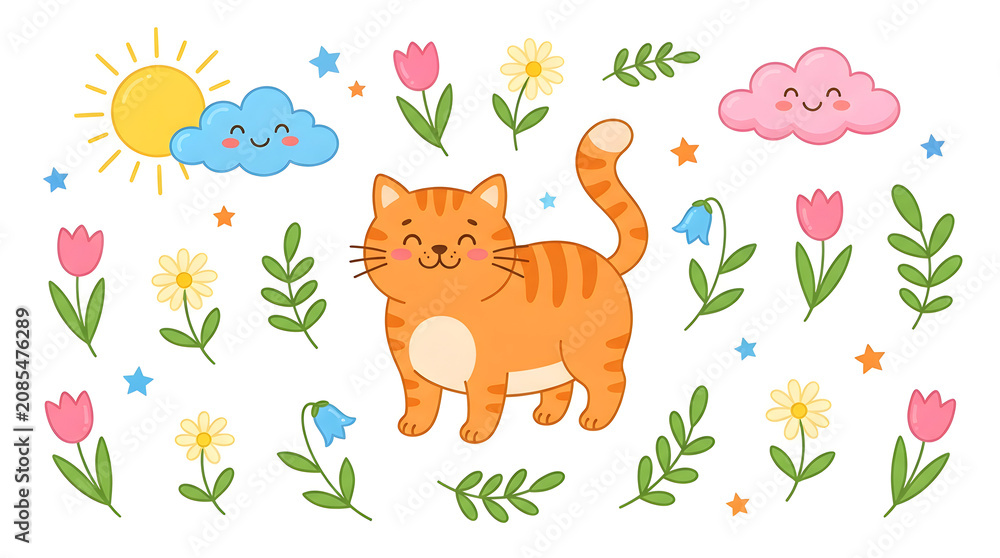 Naklejka premium Whimsical Feline Springtime Scene: A cheerful cartoon cat, adorned with playful stripes, stands amidst a vibrant collection of springtime elements including blooming flowers, smiling sun and clouds.