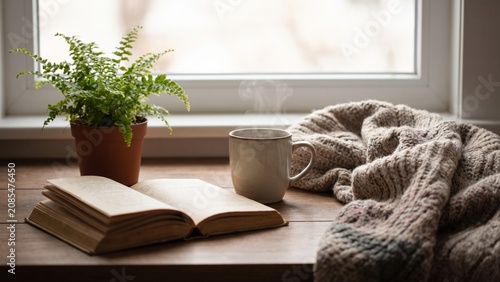 Cozy Winter Reading Nook with Steaming Mug and Potted Fern by a Window sill