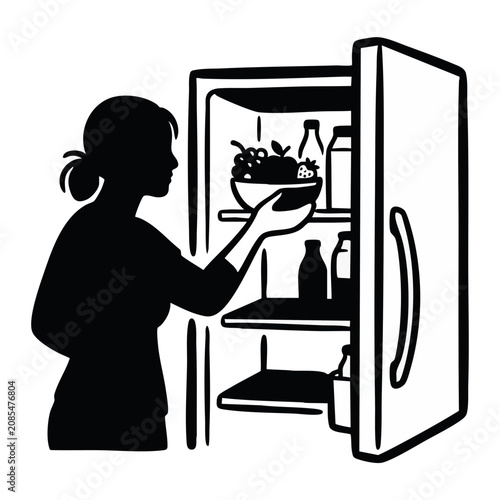 Woman putting bowl of fruit in the refrigerator to cool. Summer food preparation in hot weather. Vector illustration isolated on transparent background