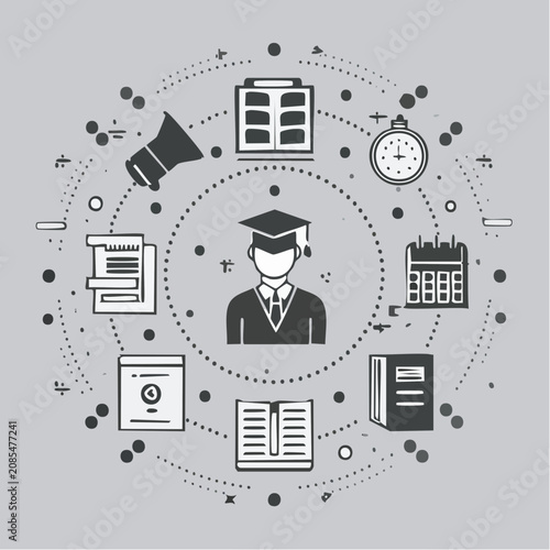 Vector illustration of education and graduation icons arranged in a circle with a student in the center